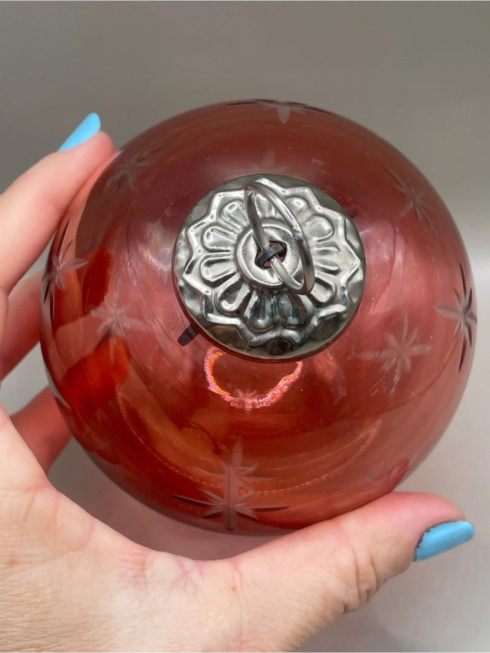 VTG Red Cut Glass Kugel Style 4” Christmas Ornament Not marked Heavy Snowflakes